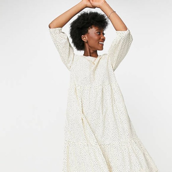 NWOT Monki Vira midi smock dress in cream dot print - Picture 4 of 7